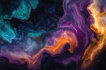 Aufkleber - A mesmerizing cosmic dust cloud, featuring vibrant hues of turquoise, purple, orange, and gold, interwoven in a stunning celestial dance.