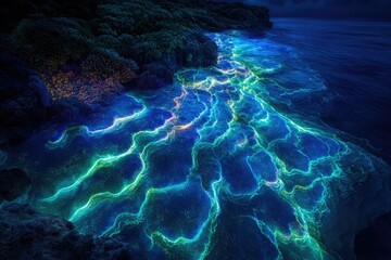 Poster - Ocean waves displaying bioluminescence, creating a stunning natural light show by the shore at night.