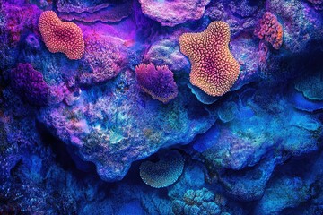 Poster - Vibrant coral reef with diverse textures and colors, showcasing underwater marine life in an abstract manner.