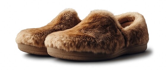 a cozy pair of faux fur slippers on a white background