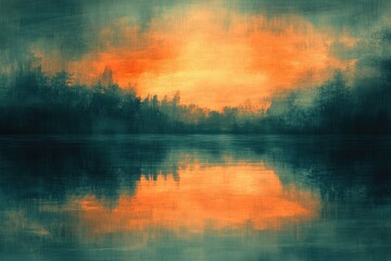 Poster - A serene and artistic depiction of a still lake reflecting a vibrant orange sunset through a misty forest landscape.