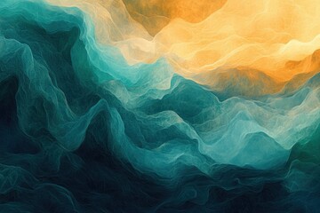 Fototapete - Abstract aerial view with blue and yellow waves, resembling ocean depths and sunlit shores with ethereal textures.