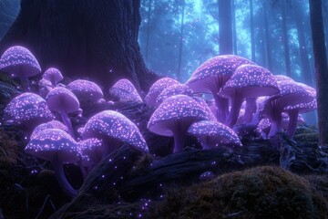 Poster - Glowing mushrooms illuminate a magical forest scene, casting an ethereal purple light on the landscape.