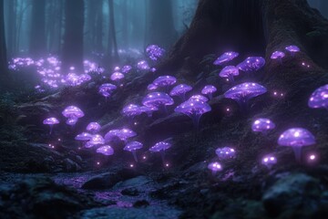 Poster - A mystical forest landscape with luminous purple mushrooms illuminating the shadowy undergrowth, creating an enchanting atmosphere.