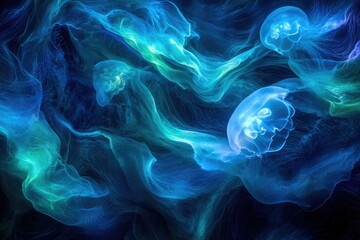 Poster - A mesmerizing underwater scene with luminous jellyfish gracefully swimming through the dark, turquoise depths of the ocean.