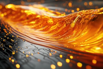 Aufkleber - Golden fluid flows over an integrated circuit, with glowing orbs creating a technological and artistic contrast.