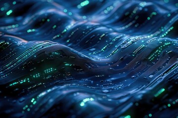 Aufkleber - Abstract rendering of circuit board patterns forming waves, illuminated with glowing green lights, conveying a sense of connectivity.