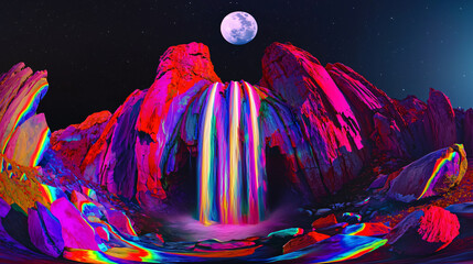 Poster - Breathtaking waterfall with a full moon illuminating the cascading water as it flows over dramatic cliffs into a calm pool.