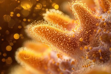 Poster - A mesmerizing close-up of coral polyps, glowing orange with intricate textures and vibrant, bokeh-filled surroundings.