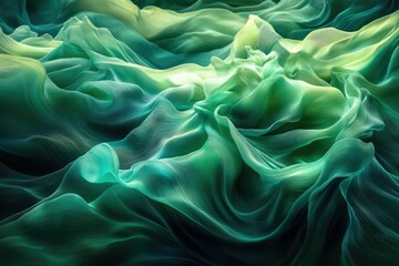 Fototapete - Abstract flowing fabric in shades of green and yellow, creating a dynamic and ethereal artistic effect.