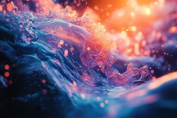 Poster - A captivating image of a wave with pink and orange highlights and bokeh lights scattered across the background and surface.