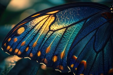 Poster - A macro shot reveals intricate patterns and vibrant colors of a butterfly wing, highlighting its natural beauty.