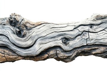 Leinwandbilder - A weathered, textured driftwood log with cracks and knots, isolated on a clean white background.