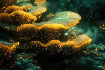 Aufkleber - A close-up shows coral-like structures with golden dots, resembling a magical underwater landscape with textured surfaces and an ethereal glow.