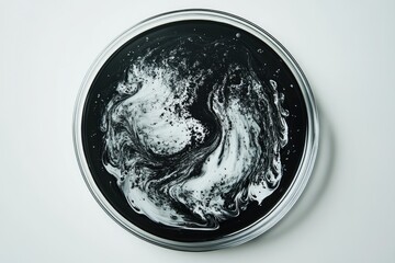 Aufkleber - A petri dish with black and white liquid forms an abstract, swirling pattern.