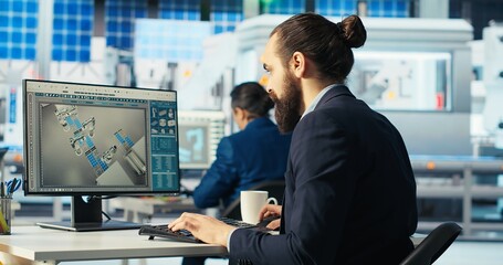 Poster - photovoltaics factory engineer analyzing data on pc screen, reviewing system health metrics. solar p
