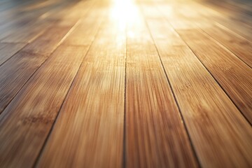 Poster - Close-up shot of shiny bamboo wood floor planks with bright light falling diagonally creating a warm atmosphere.