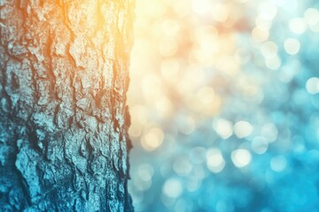Poster - A close-up captures the rough texture of a tree trunk illuminated by sunlight, set against a dreamy, blurred forest backdrop.