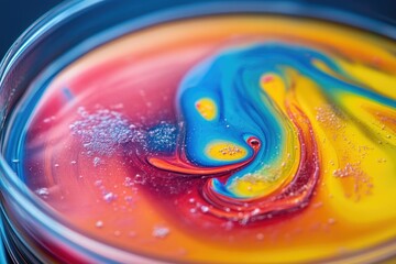 Poster - Colorful swirl of mixed paints in a petri dish, creating an abstract and artistic design with bubbles and vibrant hues.