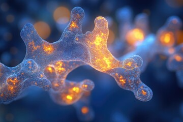 Poster - A detailed, abstract, macro shot of a blue, textured, branching structure with glowing orange spots and orbs.