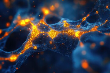 Fototapete - Abstract depiction of neural network with glowing orange connection points on a dark blue web.