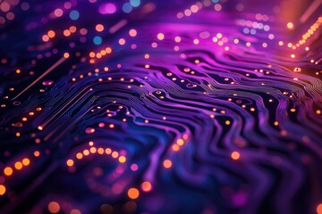 Aufkleber - Abstract purple circuit board with glowing orange nodes, representing technology, data flow, and interconnected systems in a visually striking composition.