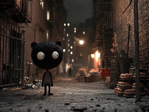 Black Cat in Dark City Alley at Night