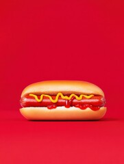 Poster - Classic hot dog with golden brown bun and mustard on bold solid color background