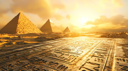 Wall Mural - ancient egyptian hieroglyphs engraved on stone, pyramids in background, sunset light. engraved relic
