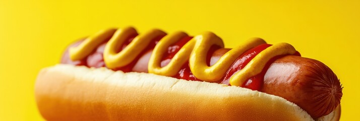 Poster - Close-up of a classic hot dog with mustard and ketchup on a vibrant background