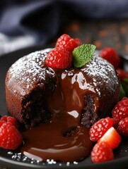 Poster - Decadent molten chocolate lava cake with rich flowing center and fresh berries on a black plate