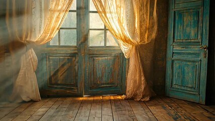Poster - Sunlight filters through sheer curtains in a rustic room with wooden floors and blue doors welcoming the morning light