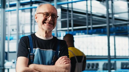 Poster - portrait of jolly senior engineer in industry 4.0 industrial plant installing machinery, conducting 