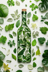 Wall Mural - over head flat lay view of a plastic bottle shape made from a leaves on a plain background