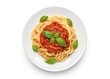 © raseldesigner93 - Delicious Spaghetti with Tomato Sauce and Basil on White Background – High-Quality Food Photo, Classic spaghetti with tomato sauce and basil, isolated on white background – perfect for food designs.