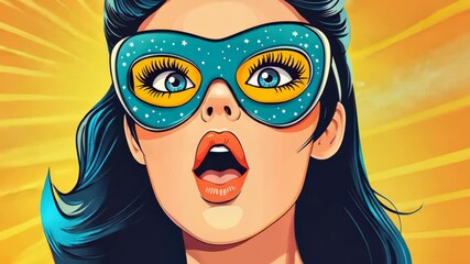 Wall Mural - a vibrant pop art illustration of a masked woman, exuding retro charm with squinted eyes, set agains