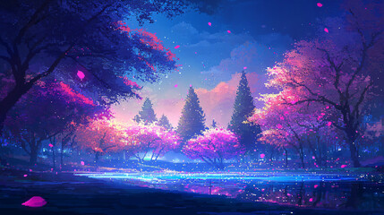 Poster - Enchanting forest scene with towering trees and a meandering river flowing through a vibrant cherry blossom grove under dramatic contrasting light.