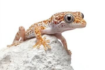 Aufkleber - Colorful leopard gecko resting on a white rock with detailed skin patterns and expressive eyes during bright daylight