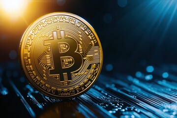 Poster - Golden bitcoin on digital circuit background