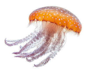 Aufkleber - Orange jellyfish with long tentacles swims gracefully through clear water, showcasing its vibrant colors and delicate movements