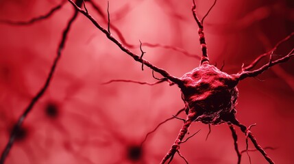 Poster - Neuron structure under microscope with red background