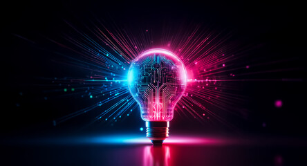 Poster - Glowing light bulb with circuit pattern radiates vibrant blue and pink light on a dark surface. A concept of bright ideas, technology, and digital innovation.