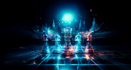 Poster - Futuristic chess pieces are illuminated with vibrant blue and orange light against a dark backdrop, creating a dynamic digital game scene.