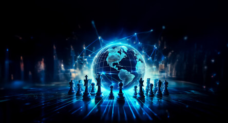 Poster - Digital chess pieces under a glowing globe, symbolizing global strategy, futuristic competition, and networked world.