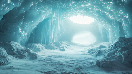 Poster - Enigmatic cave illuminated by light streaming through the entrance, highlighting the unique ice formations inside.