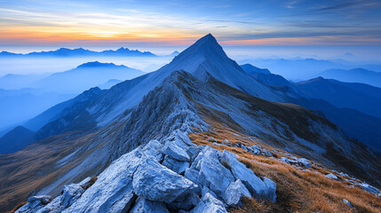 Poster - Stunning mountain peak silhouetted against a vibrant sunset sky creating a dramatic scene with rich colors and a serene atmosphere for nature lovers.
