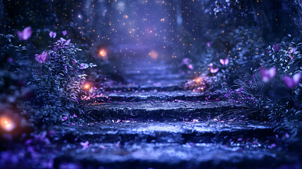 Poster - Charming pathway adorned with colorful flowers and enchanting lights creating a magical atmosphere in a scenic natural landscape.