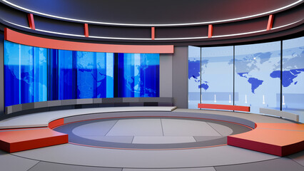 Wall Mural - 3D Virtual TV Studio News, Backdrop For TV Shows .TV On Wall.3D Virtual News Studio Background,3d illustration