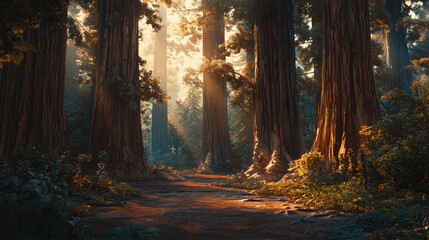 Poster - Enchanting forest pathway winding through a towering redwood grove bathed in soft natural light creating a magical atmosphere.