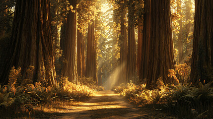 Poster - Tranquil pathway through a dense redwood forest illuminated by low-key lighting creating a peaceful and enchanting natural experience.